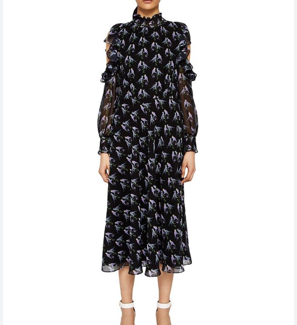 Ted Baker Hilaina Love Birds Black Cold-Shoulder Midi Dress Size 2(US 6)